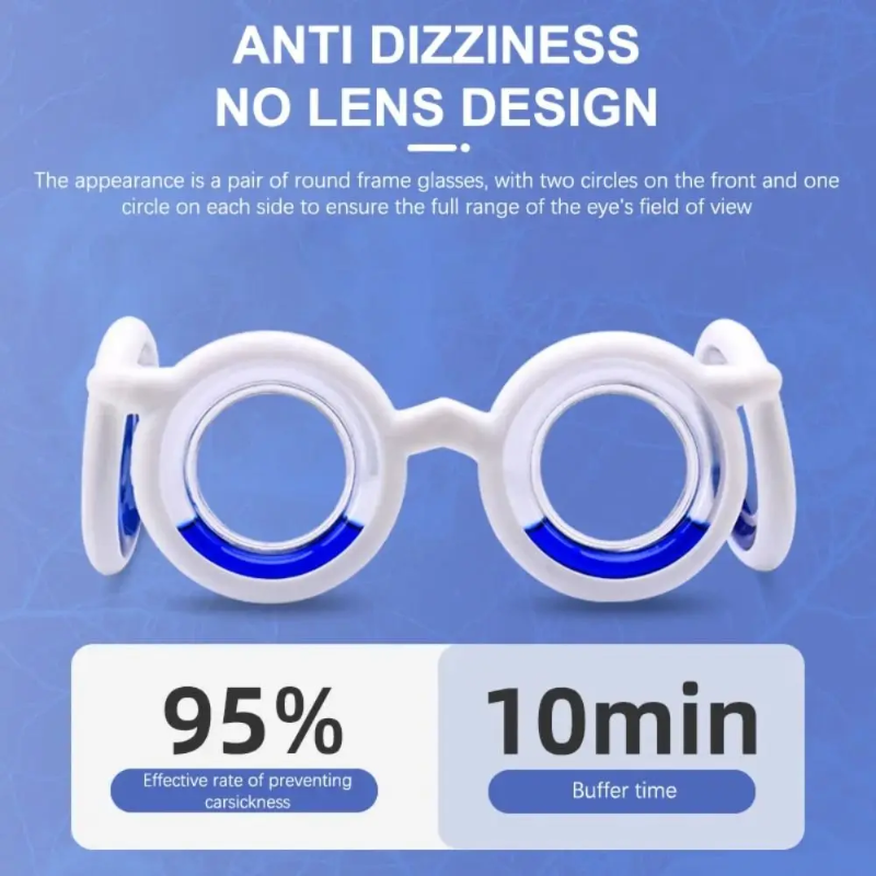Front view of white lens-free travel glasses on a blue design graphic