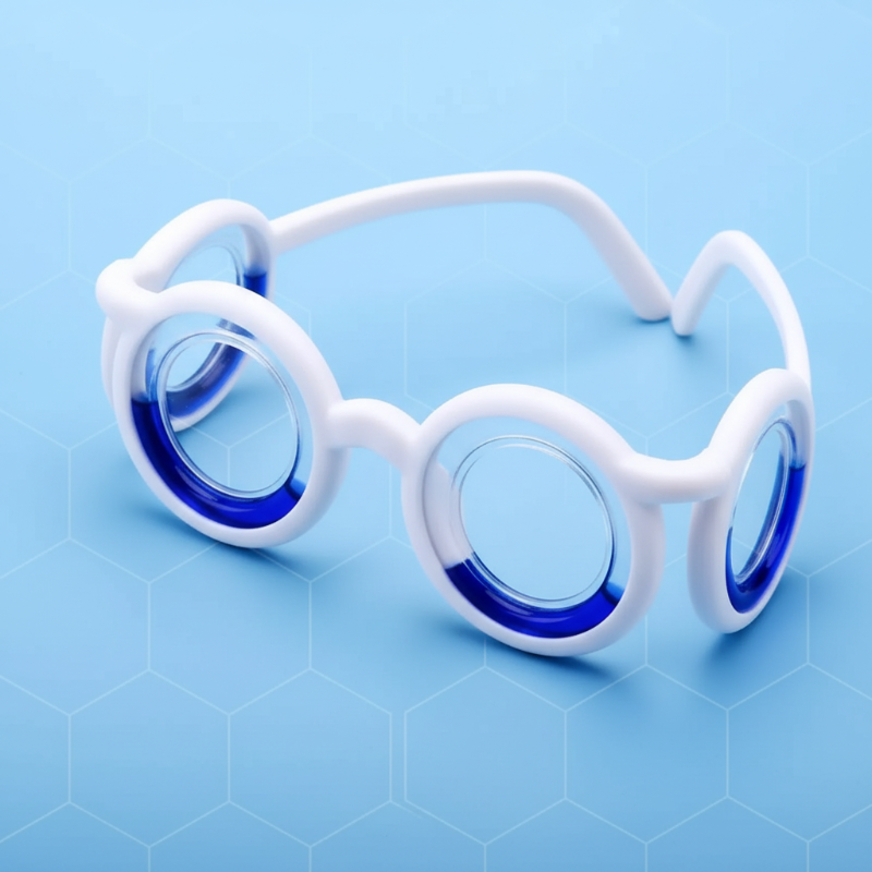 White lens-free travel glasses with blue liquid rings on a pale blue background