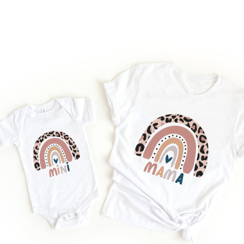 White T-shirt and baby bodysuit with leopard-print rainbow arches and mama and mini block lettering