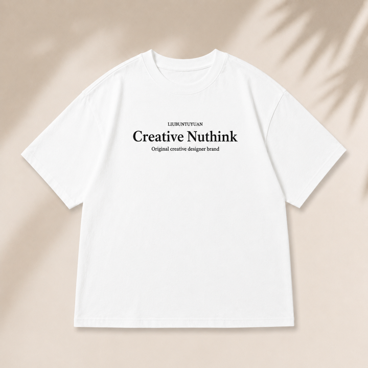Front of a white crew-neck T-shirt with centered lettering