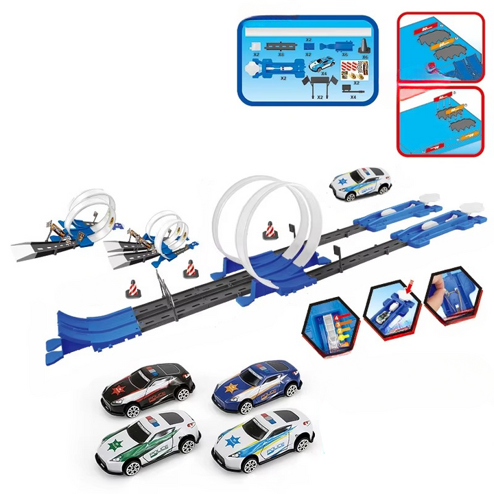 White-loop race track with blue launchers, police-style cars, and alternate layout examples.