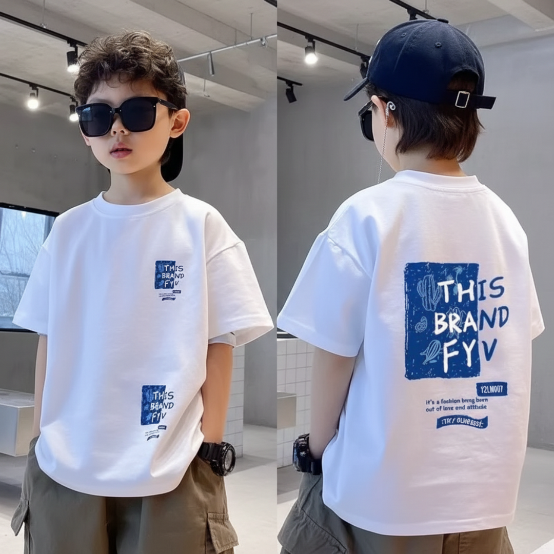 Front and back views of a boy wearing the loose-fit white graphic T-shirt.