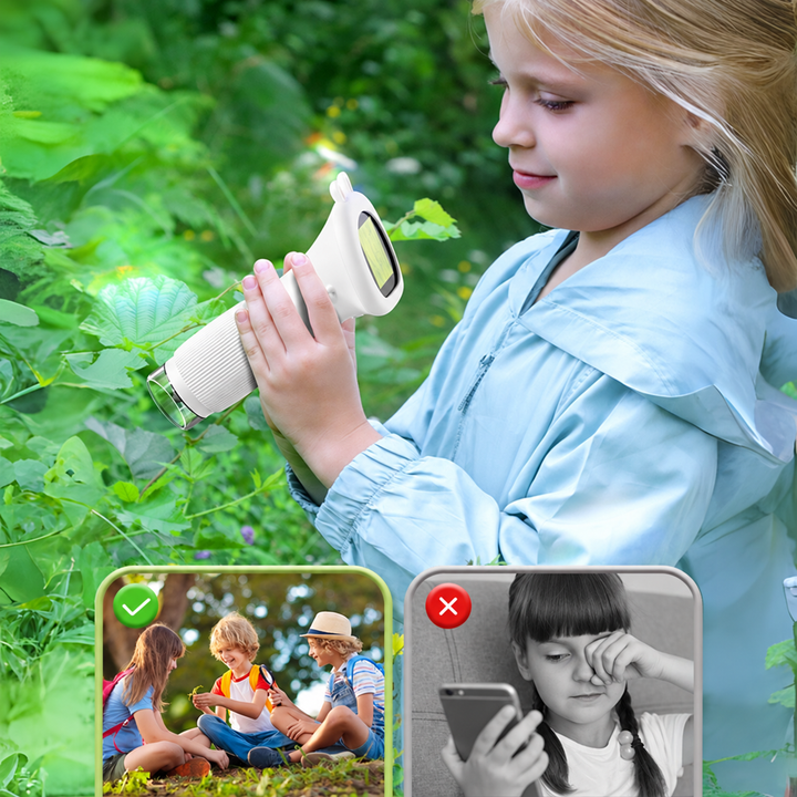 Child examining garden leaves with a white handheld microscope.