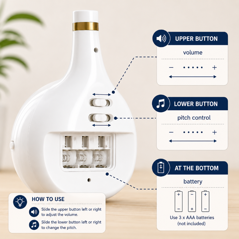 Rear view of the white music toy showing volume and pitch sliders and the AAA battery compartment.