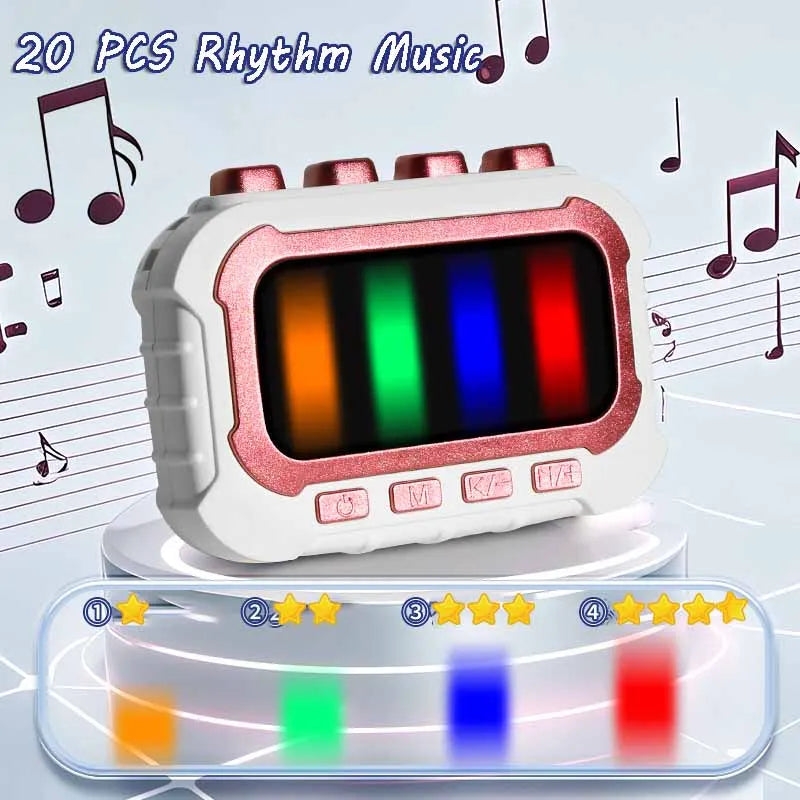 White musical fidget game with colored light bars, music notes, and difficulty indicators.