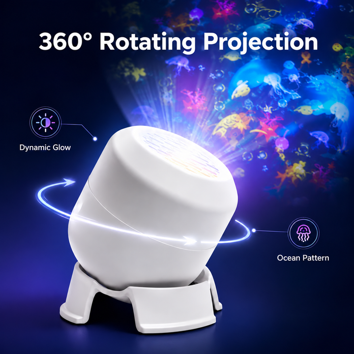 White ocean projector night light with a graphic illustrating 360-degree rotating projections