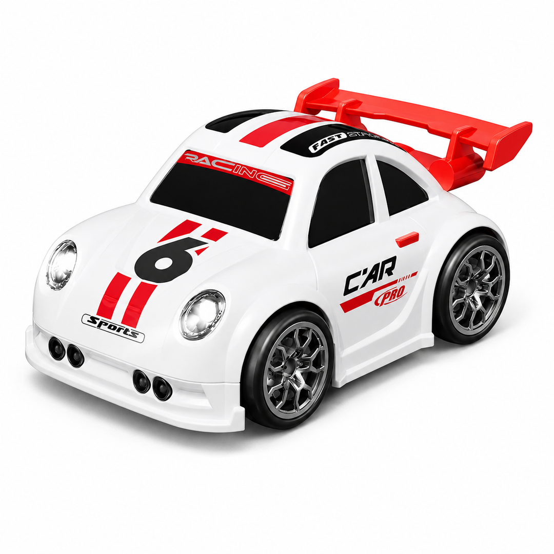 White RC stunt car without a camera, with red stripes and a rear spoiler