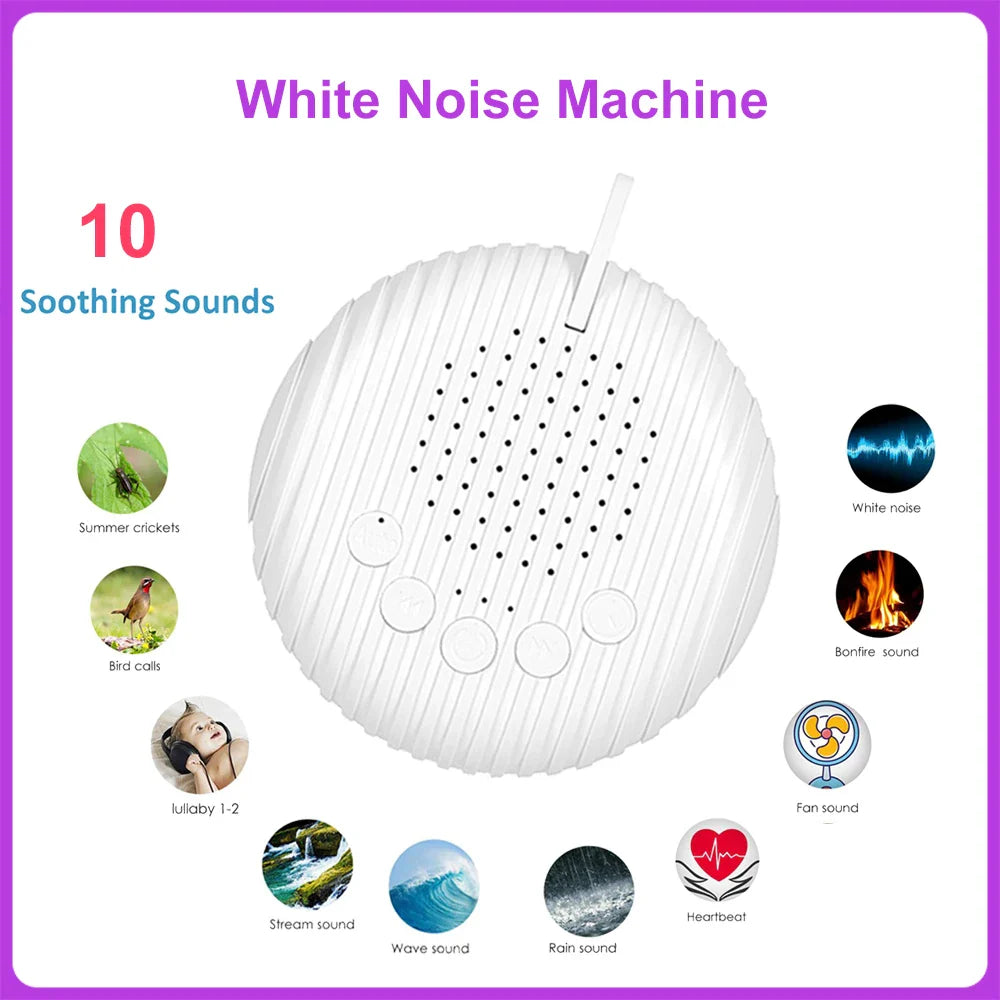 White noise machine surrounded by sound options, including heartbeats, rain, and ocean waves