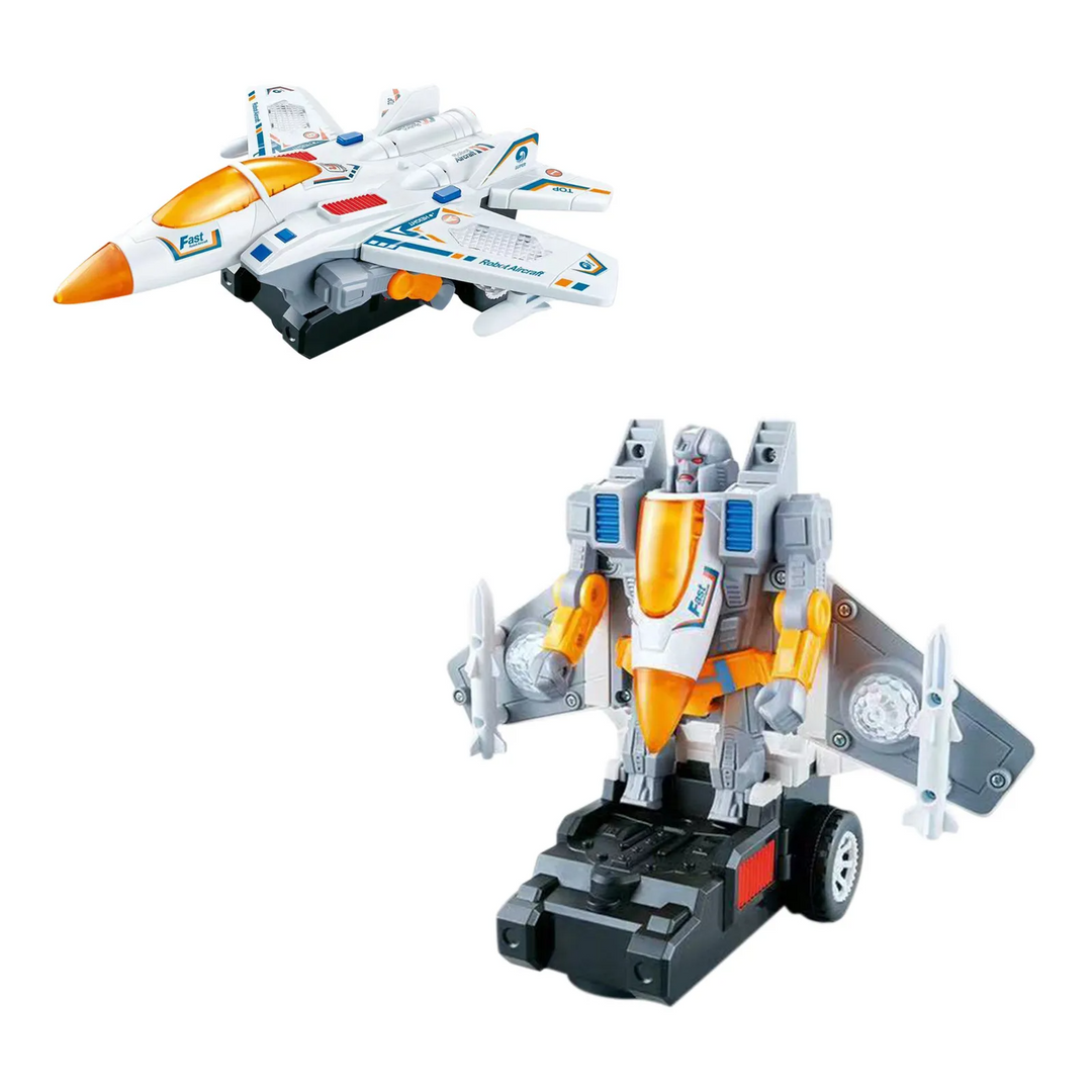 White and orange jet toy shown in aircraft and robot forms