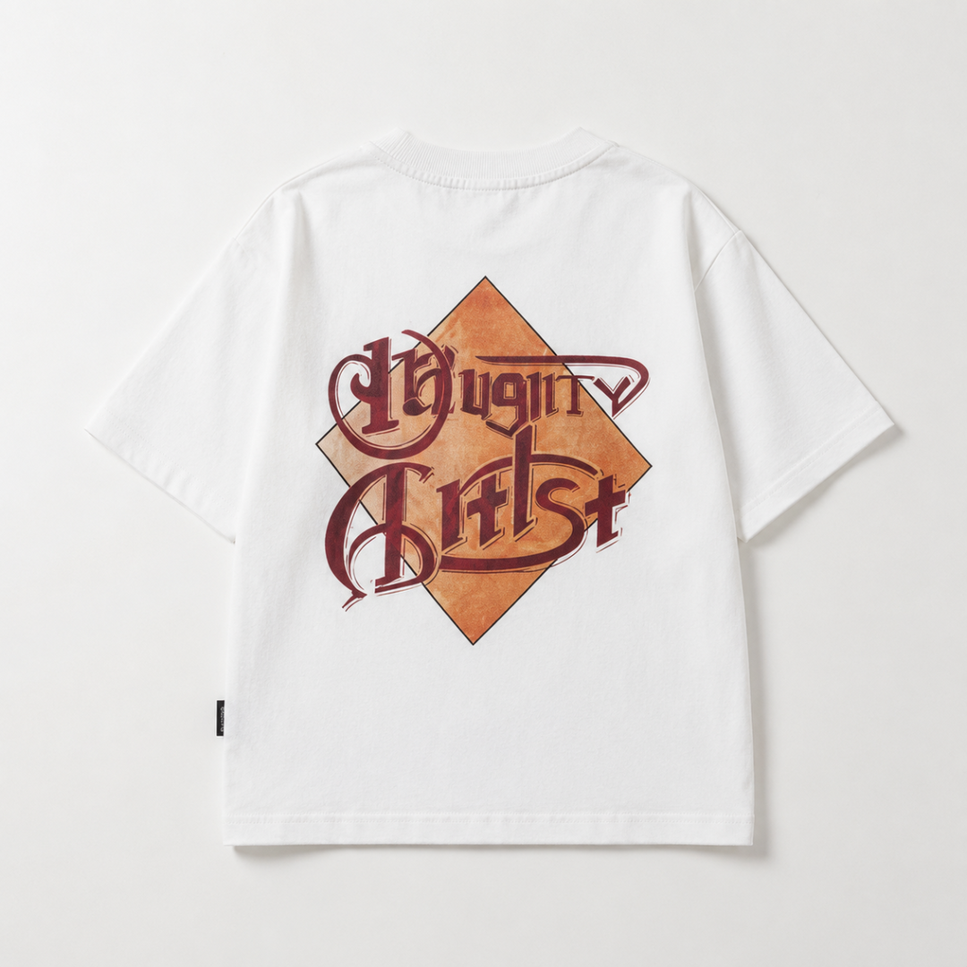 Back of a white oversized T-shirt with burgundy lettering over an orange diamond graphic
