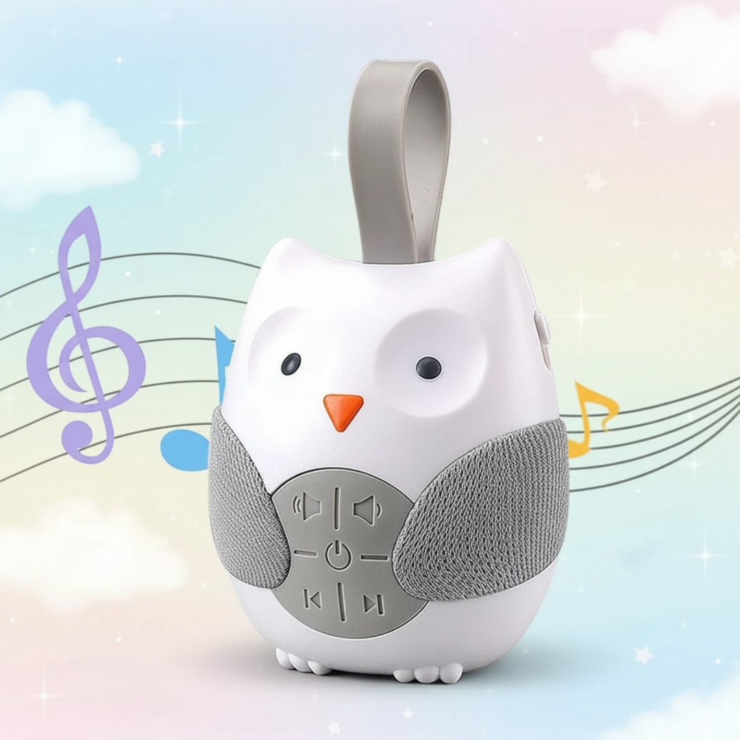 White owl night light with gray wings, front controls, and a gray loop strap.