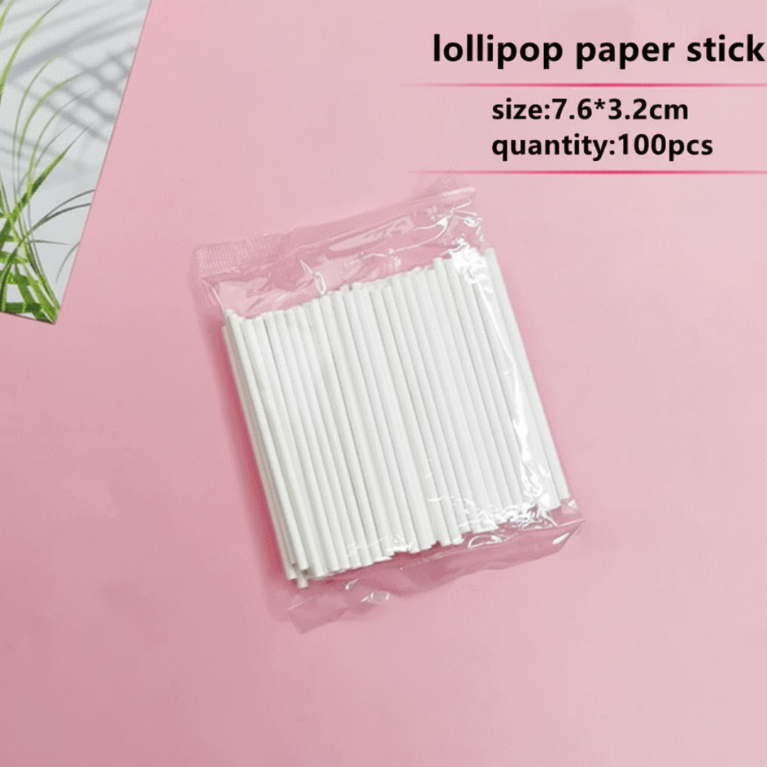 A clear pack of 100 white paper lollipop sticks on a pink background