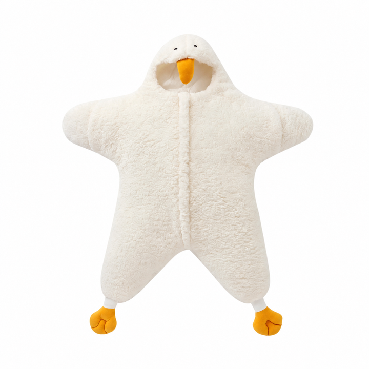 White penguin baby jumpsuit with a hood, yellow beak, and decorative yellow feet