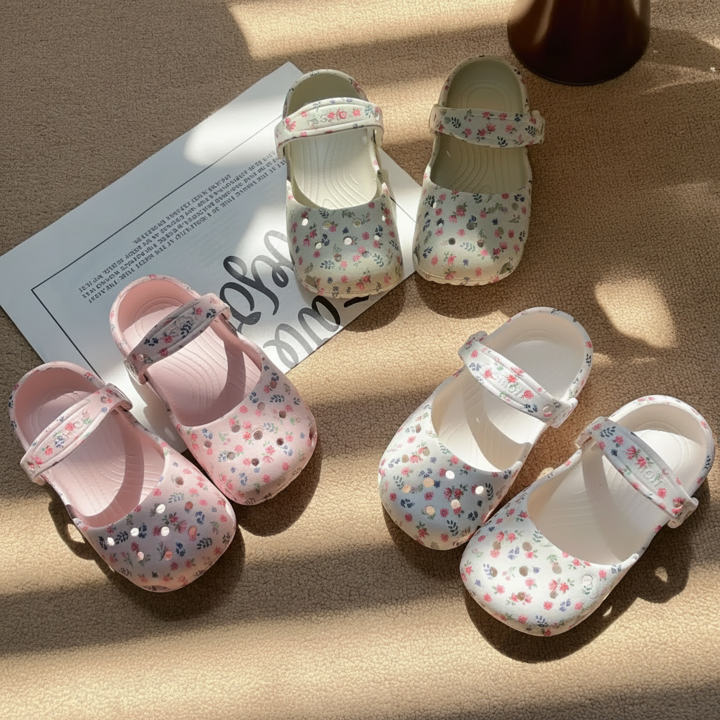 White, pink, and beige floral sandals arranged together on a sunlit surface