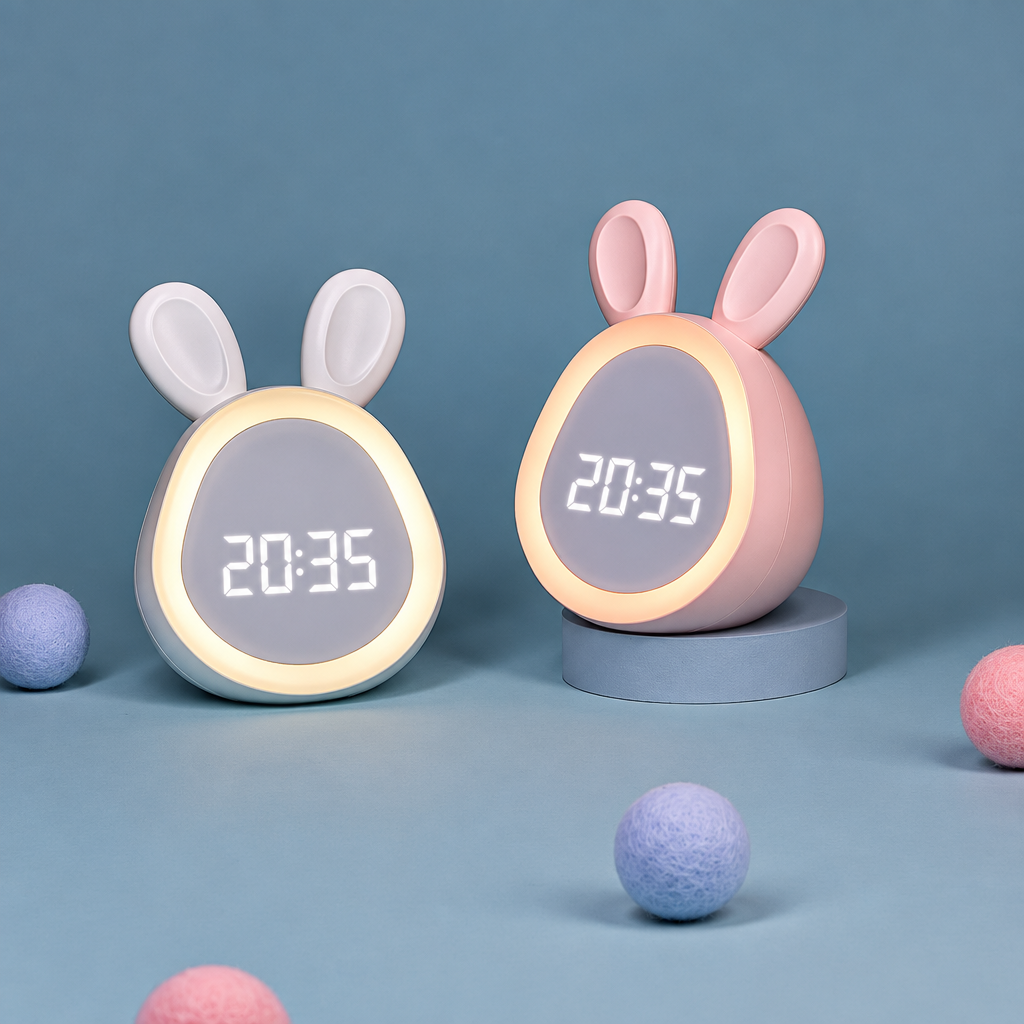 White and pink bunny alarm clocks with illuminated light rings against a blue background