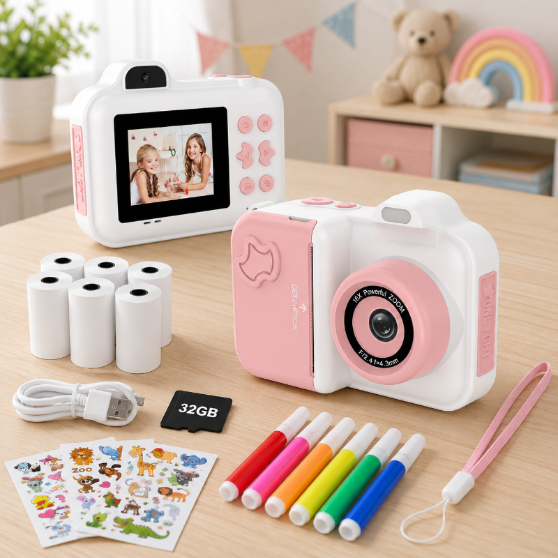 White-and-pink instant-print camera set with five paper rolls, coloring pens, stickers and a 32GB card