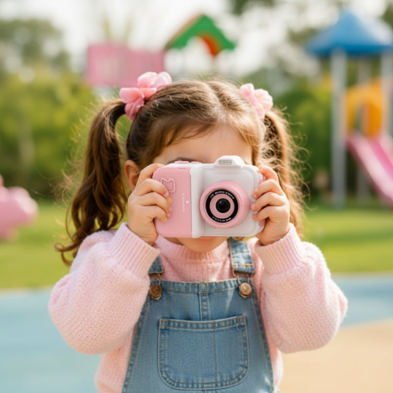 Child taking a photo with a white-and-pink instant-print camera outdoors