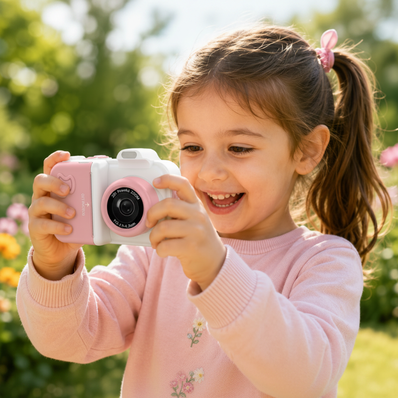 Girl framing a photo with a white-and-pink kids&
