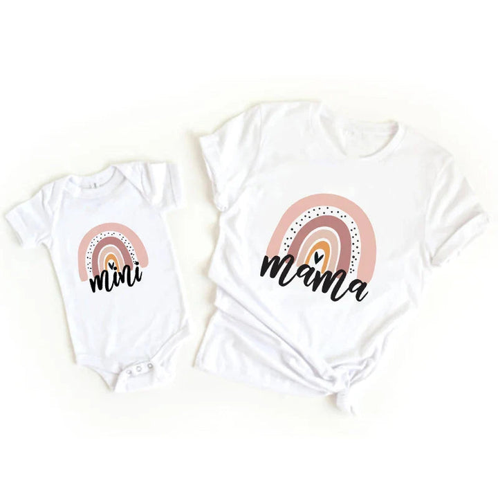 White mama T-shirt and mini baby bodysuit with pink rainbow designs