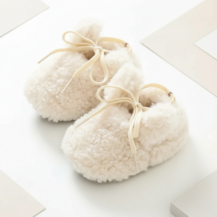 White plush baby shoes with cream laces and rounded ear details