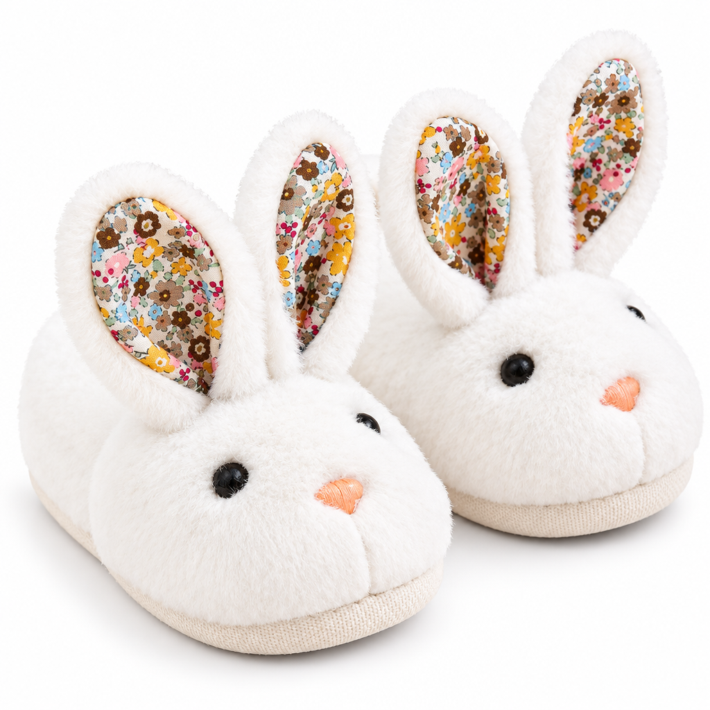 Pair of white plush bunny slippers with floral ears and cream-colored soles
