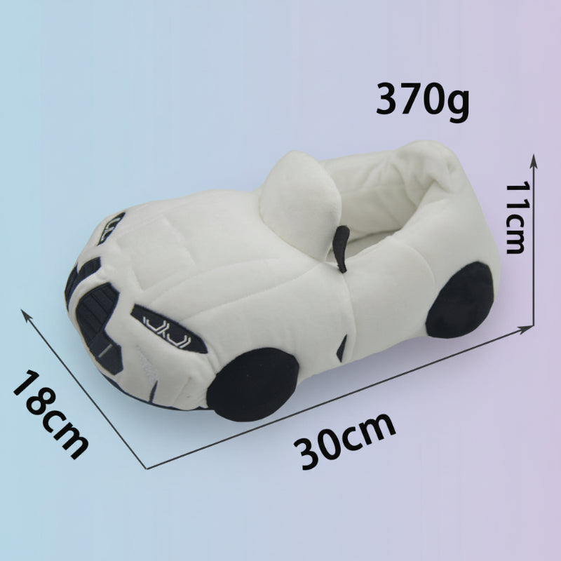 White car slipper with graphic labels showing 30 x 18 x 11 cm and 370 g