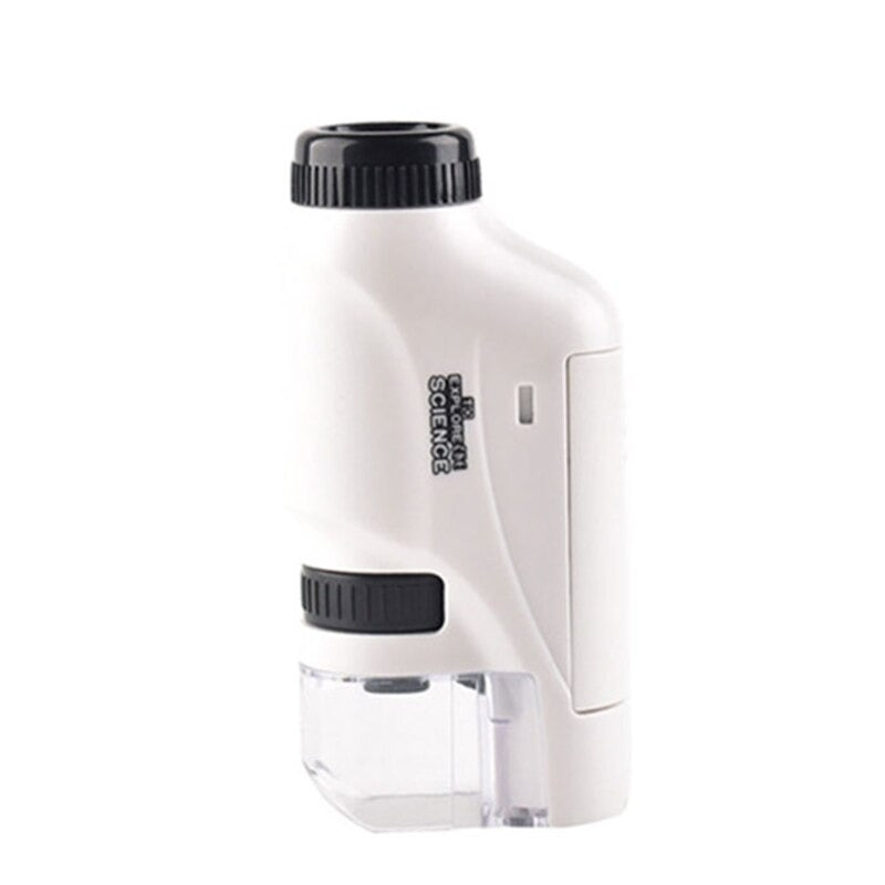 White pocket microscope with a black eyepiece, adjustment wheel, and clear base.