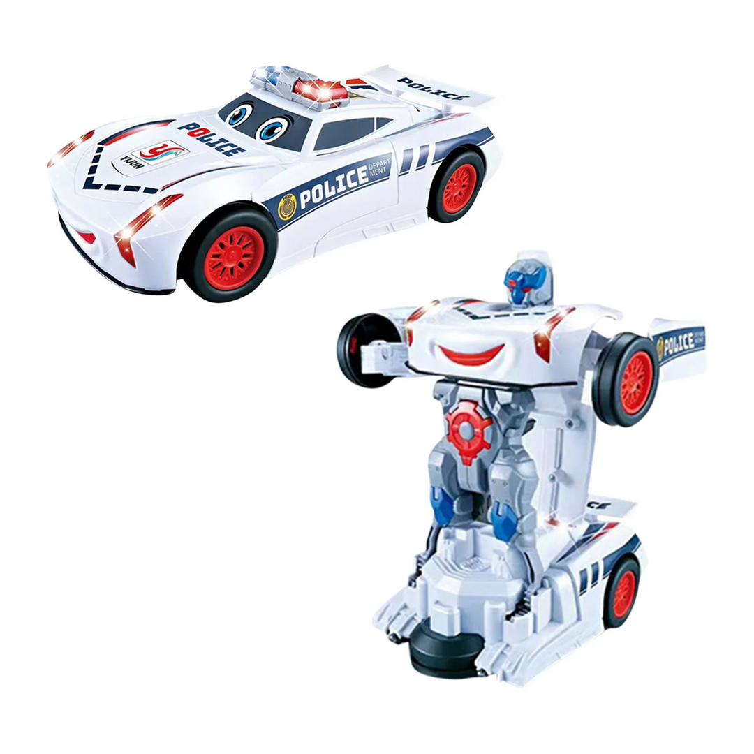 White police car toy with red wheels shown in car and robot forms