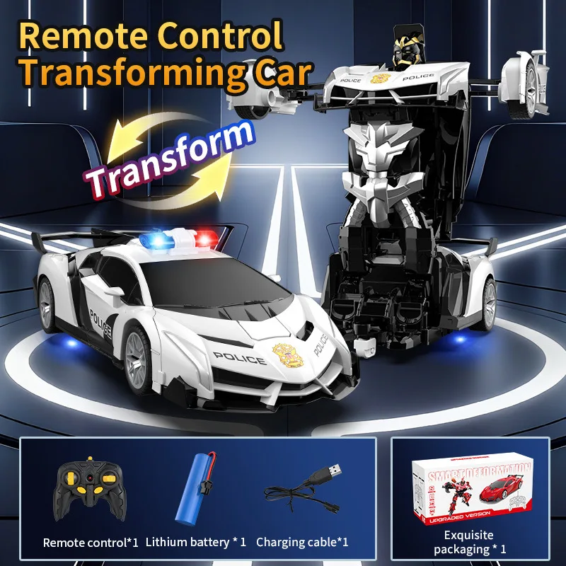 Police-style transforming RC car with robot mode, controller, removable battery, and charging cable