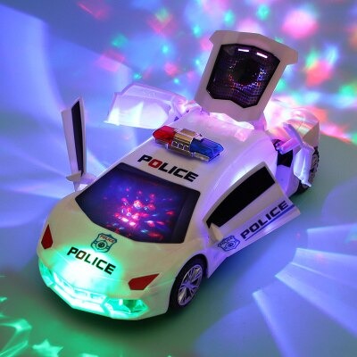 White police-style toy car with open doors and multicolored light patterns around it.
