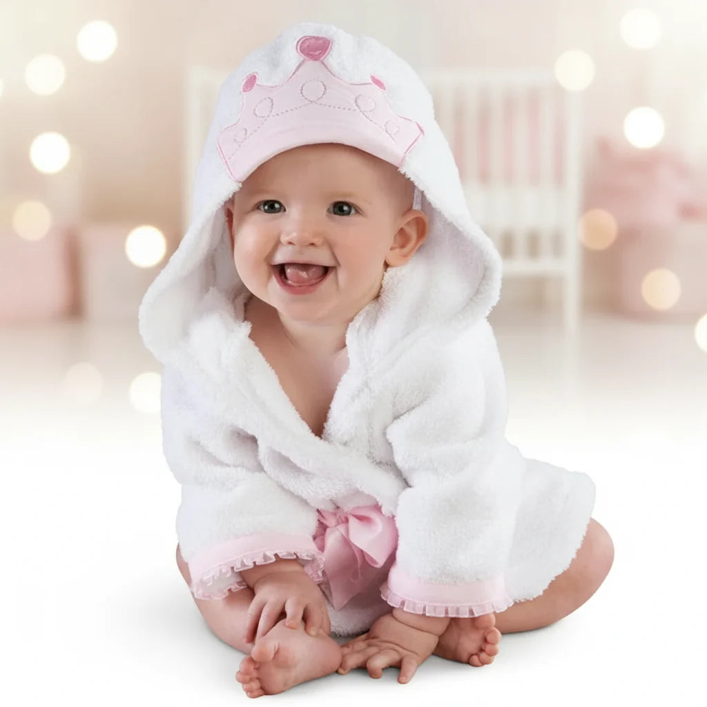 Baby wearing a white princess bathrobe with a pink crown design on the hood and pink trim
