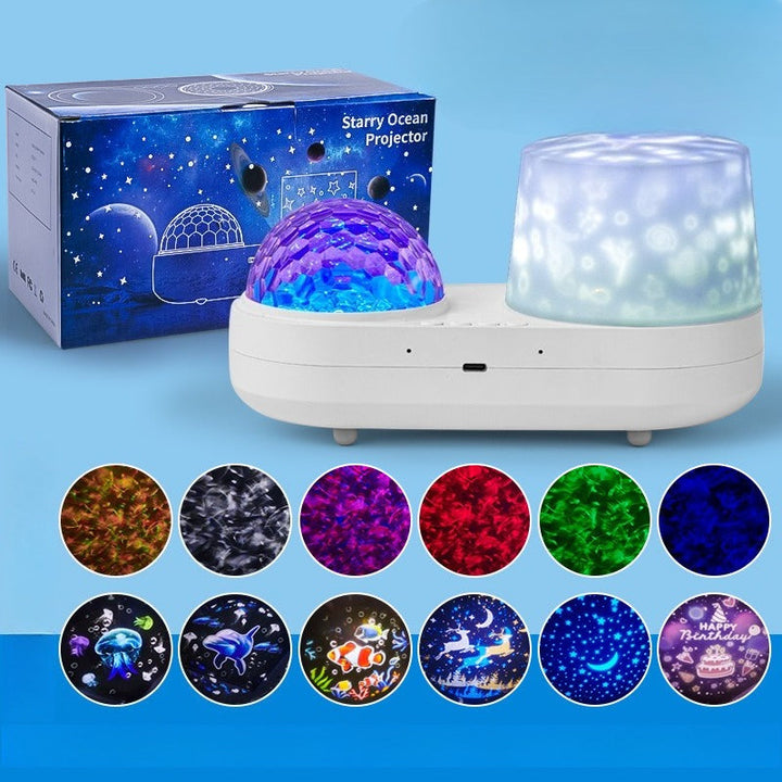 White projection night light beside its box, with examples of colored lighting and projection patterns.