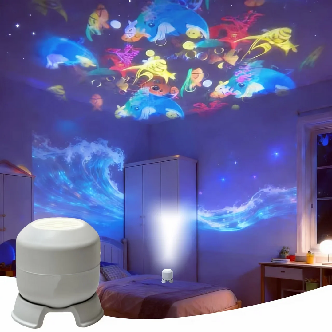 White projector night light shown with sea creatures on a bedroom ceiling and blue wave patterns on the walls