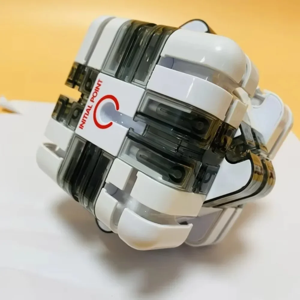 White puzzle cube with dark translucent channels and offset sections