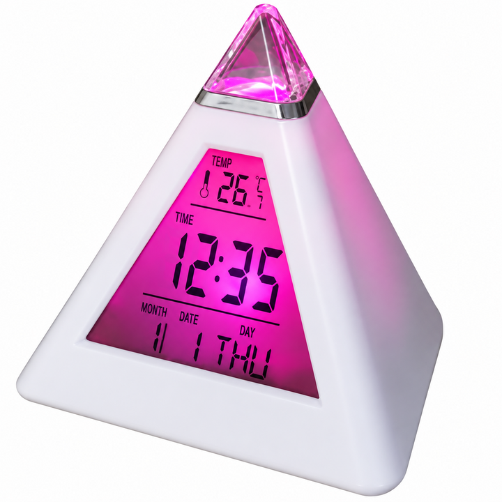 White pyramid digital alarm clock with a pink-lit display and clear pointed top.