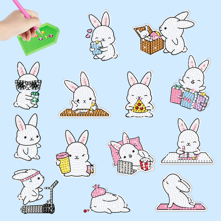 Rabbit diamond painting stickers showing everyday activities and accessories