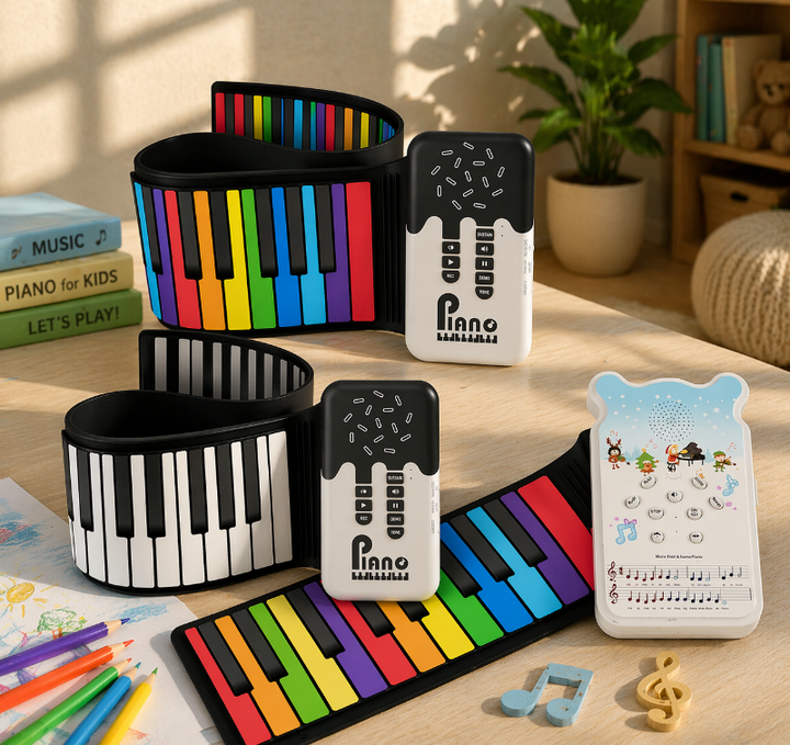White, rainbow, and Christmas-edition roll-up piano keyboards displayed on a table