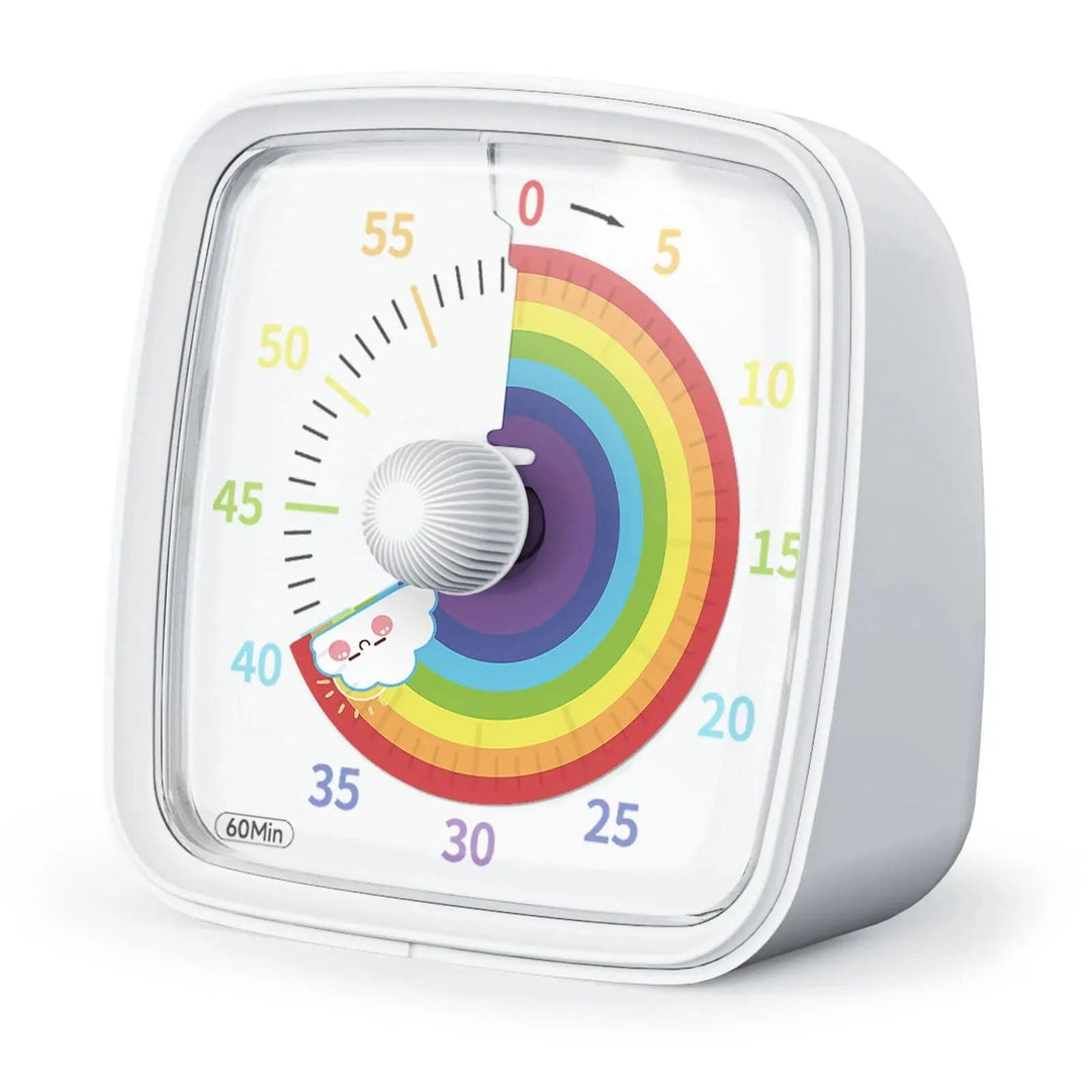 White visual timer with a rainbow countdown disk and a matching white rotary knob