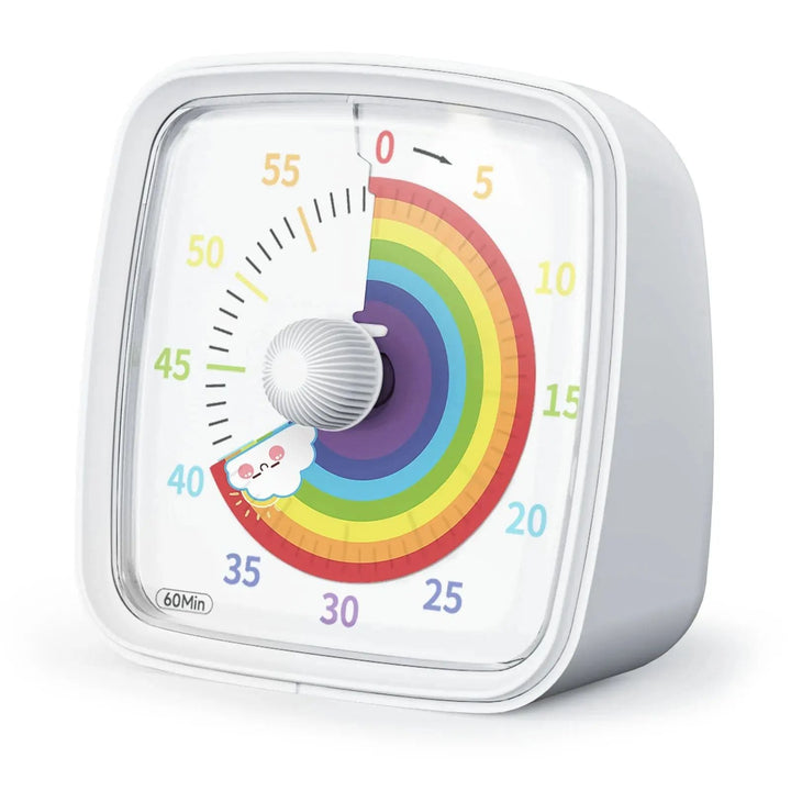 White visual timer with a rainbow countdown disk and a matching white rotary knob