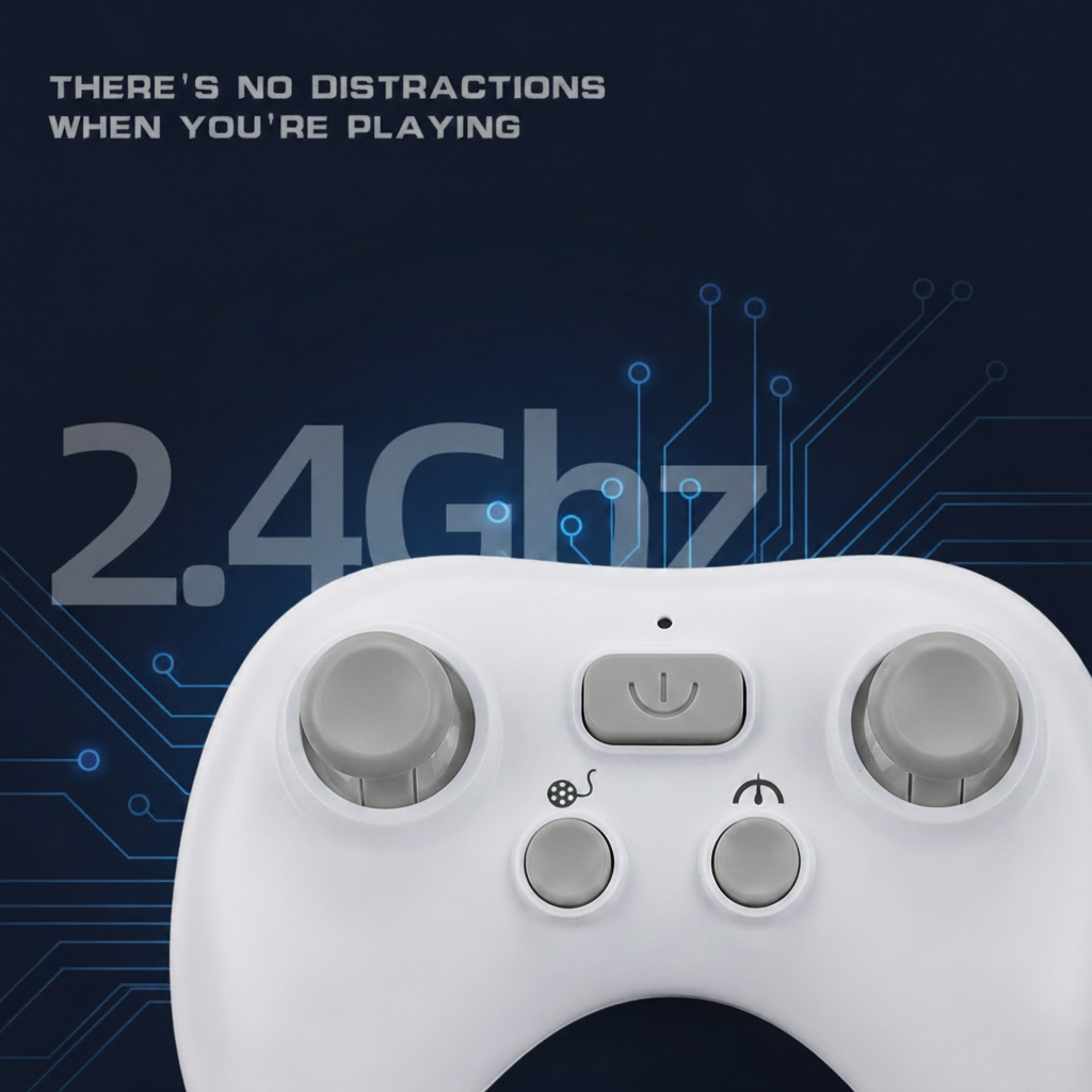 White 2.4 GHz controller with two thumb sticks and control buttons for the RC shark