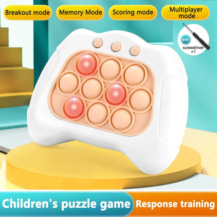 White light-up reaction game showing four play modes and an included screwdriver