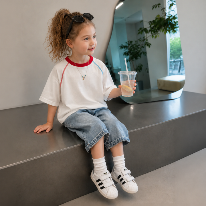 Seated girl in the oversized white graphic T-shirt, denim shorts, and white sneakers