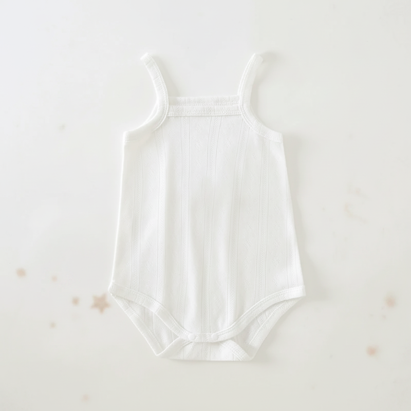 White ribbed baby bodysuit with thin shoulder straps and a snap bottom