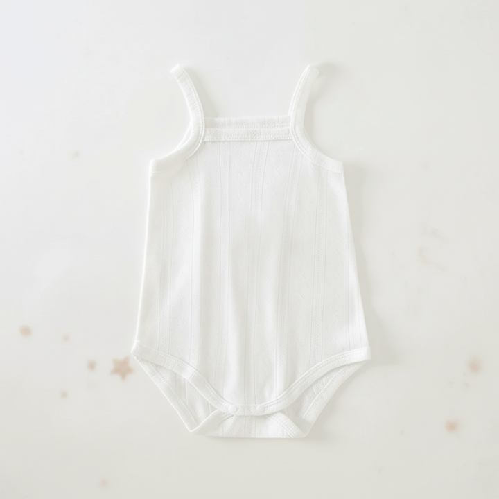 White ribbed baby bodysuit with thin shoulder straps and a snap bottom