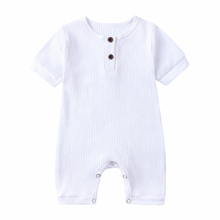 White short-sleeve cotton baby romper with ribbed fabric and two neckline buttons