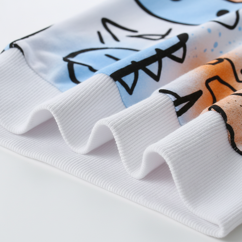 White ribbed cuffs on a sweatshirt with colorful outline dinosaur prints