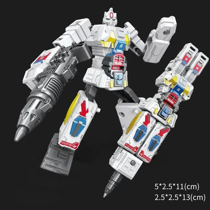 White robot pen with gray accents shown folded and standing as a robot