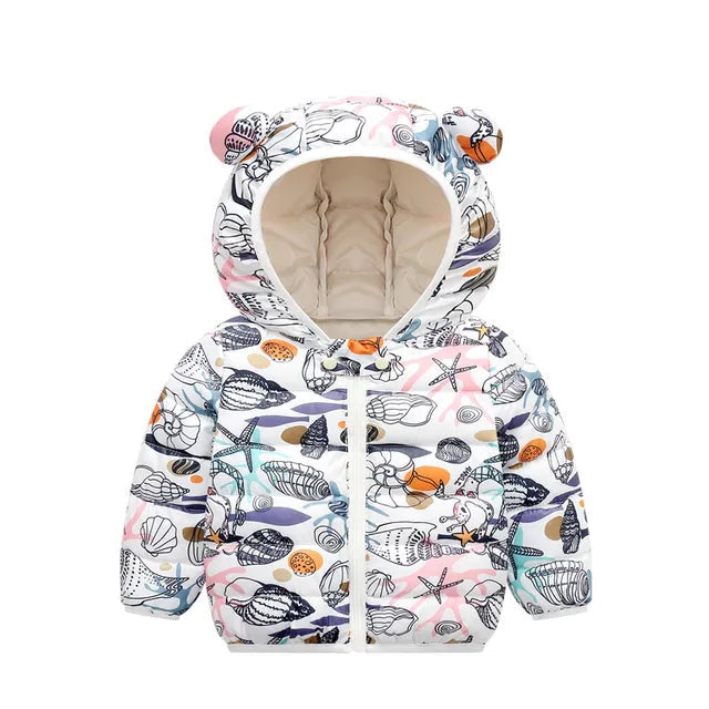 White sea-life-print puffer jacket with a cream hood lining and rounded hood ears