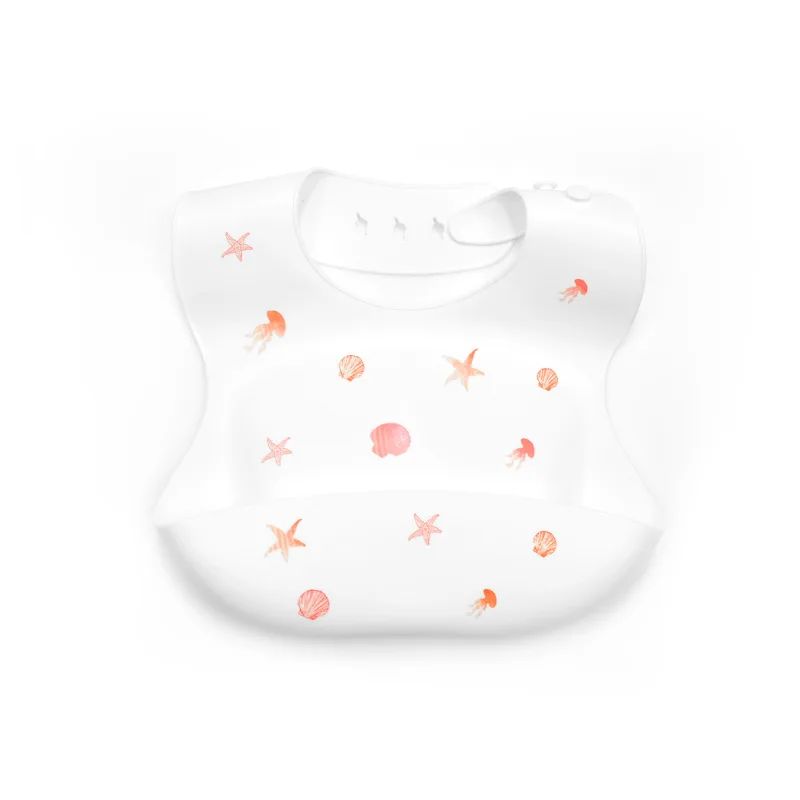 White silicone baby bib with shell and starfish prints and a curved front pocket