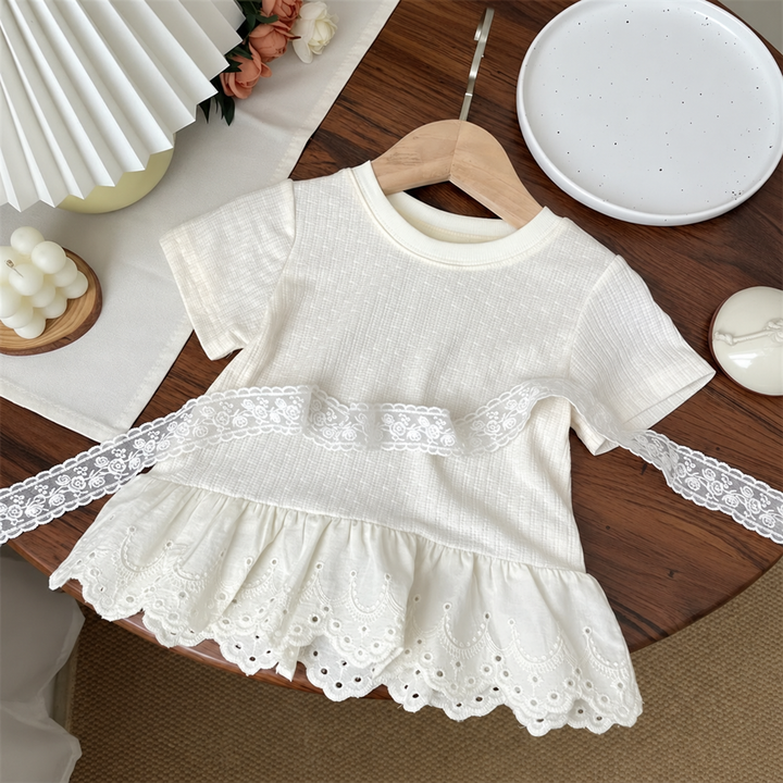 White short-sleeve cotton T-shirt with an embroidered scalloped lace hem.